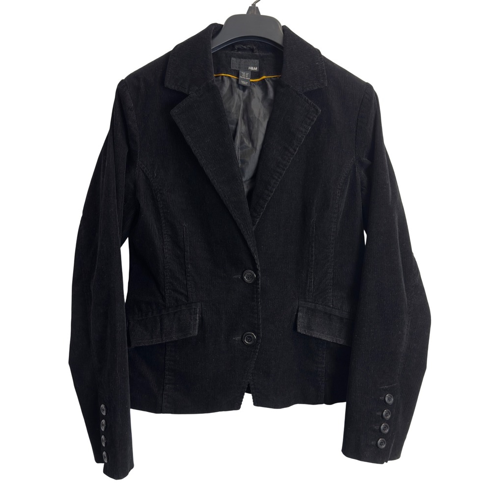 HM Black Corduroy Blazer Jacket Womens Size 12 Two Button Lined Tailored